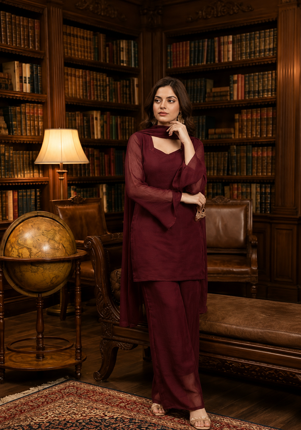Women's Ethnic V neck Co-Ord Set with Palazzo and Dupatta