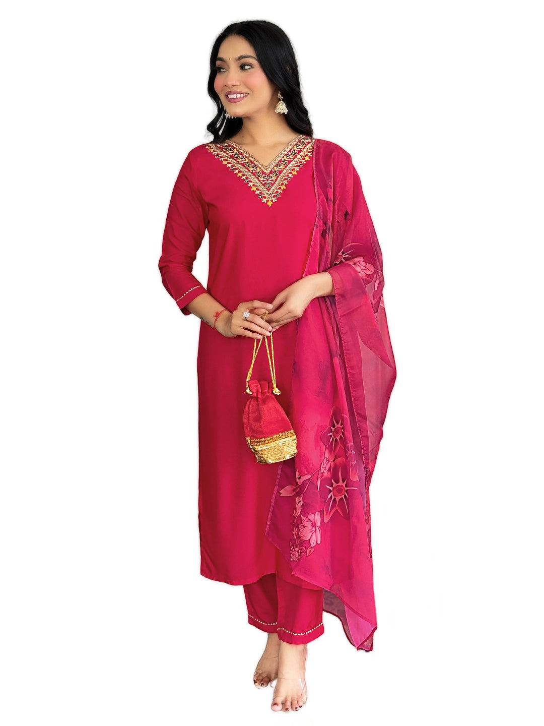Women's Red Embroidered Rayon Kurti Pant & Silk Dupatta Set | D580
