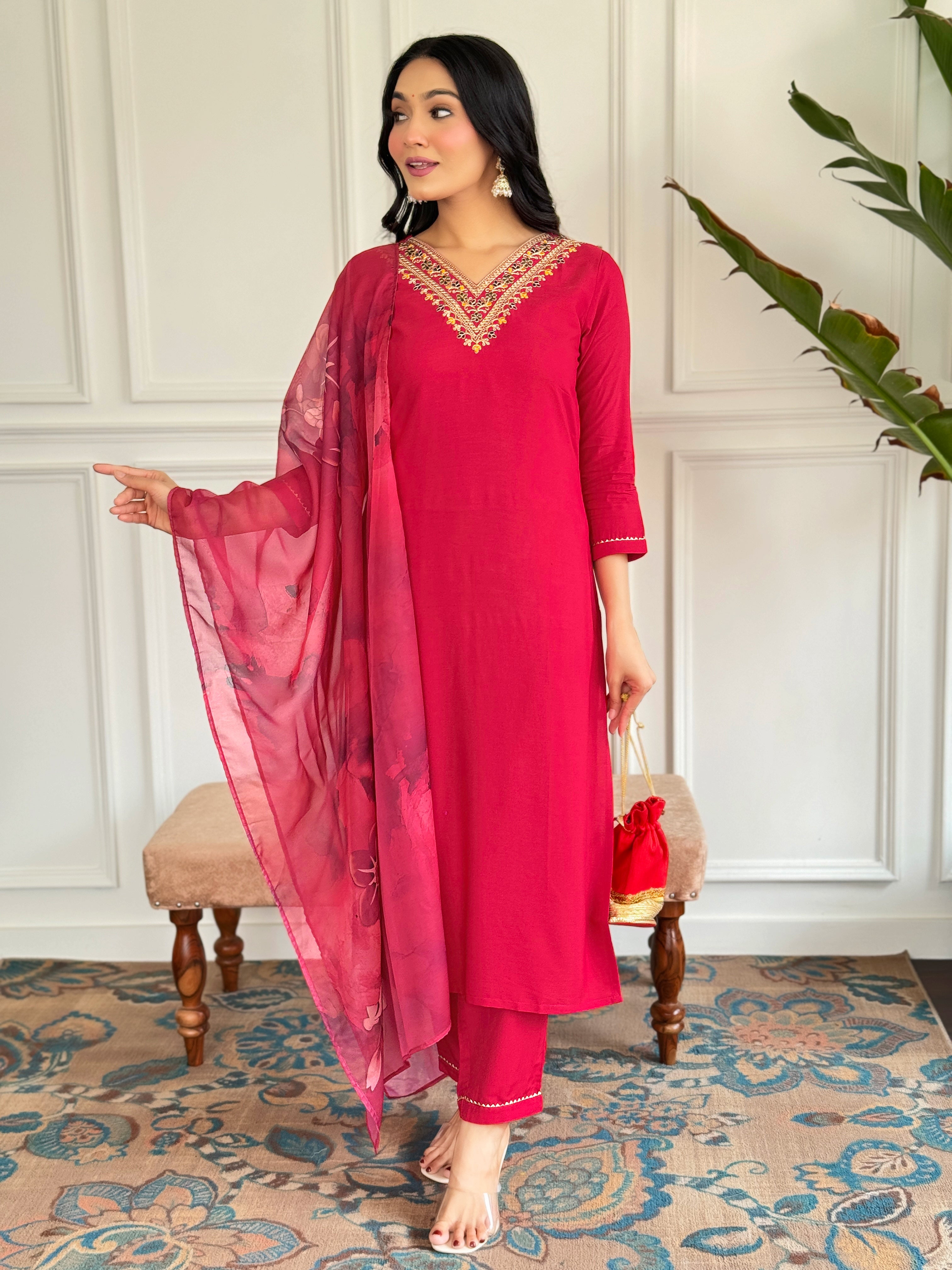 Women's Red Embroidered Rayon Kurti Pant & Silk Dupatta Set | D580