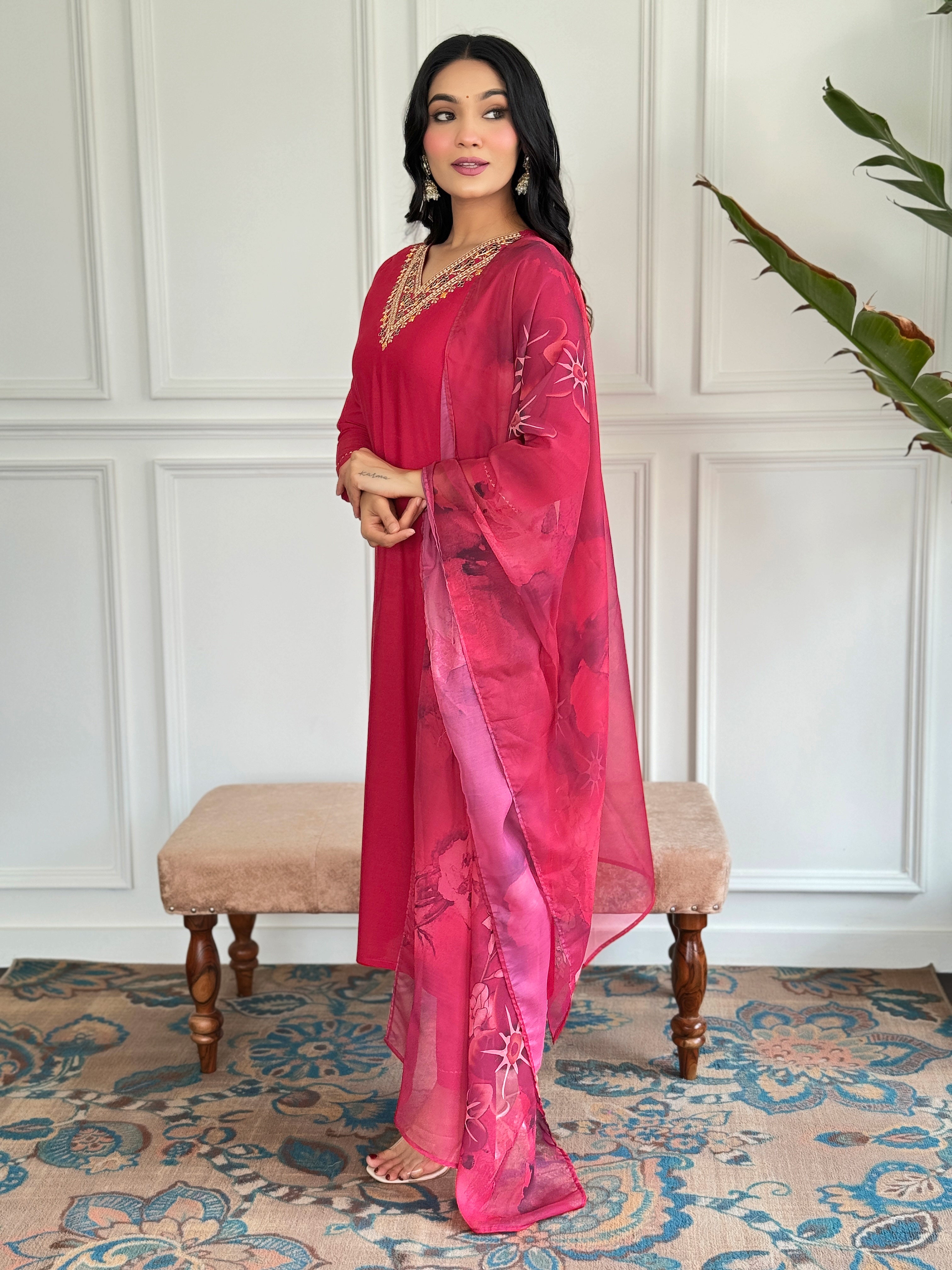 Women's Red Embroidered Rayon Kurti Pant & Silk Dupatta Set | D580