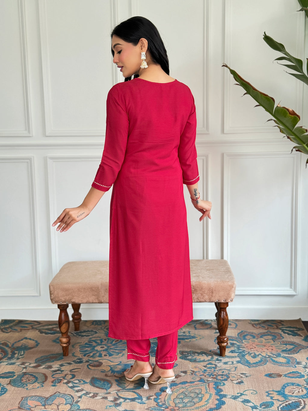 Women's Red Embroidered Rayon Kurti Pant & Silk Dupatta Set | D580