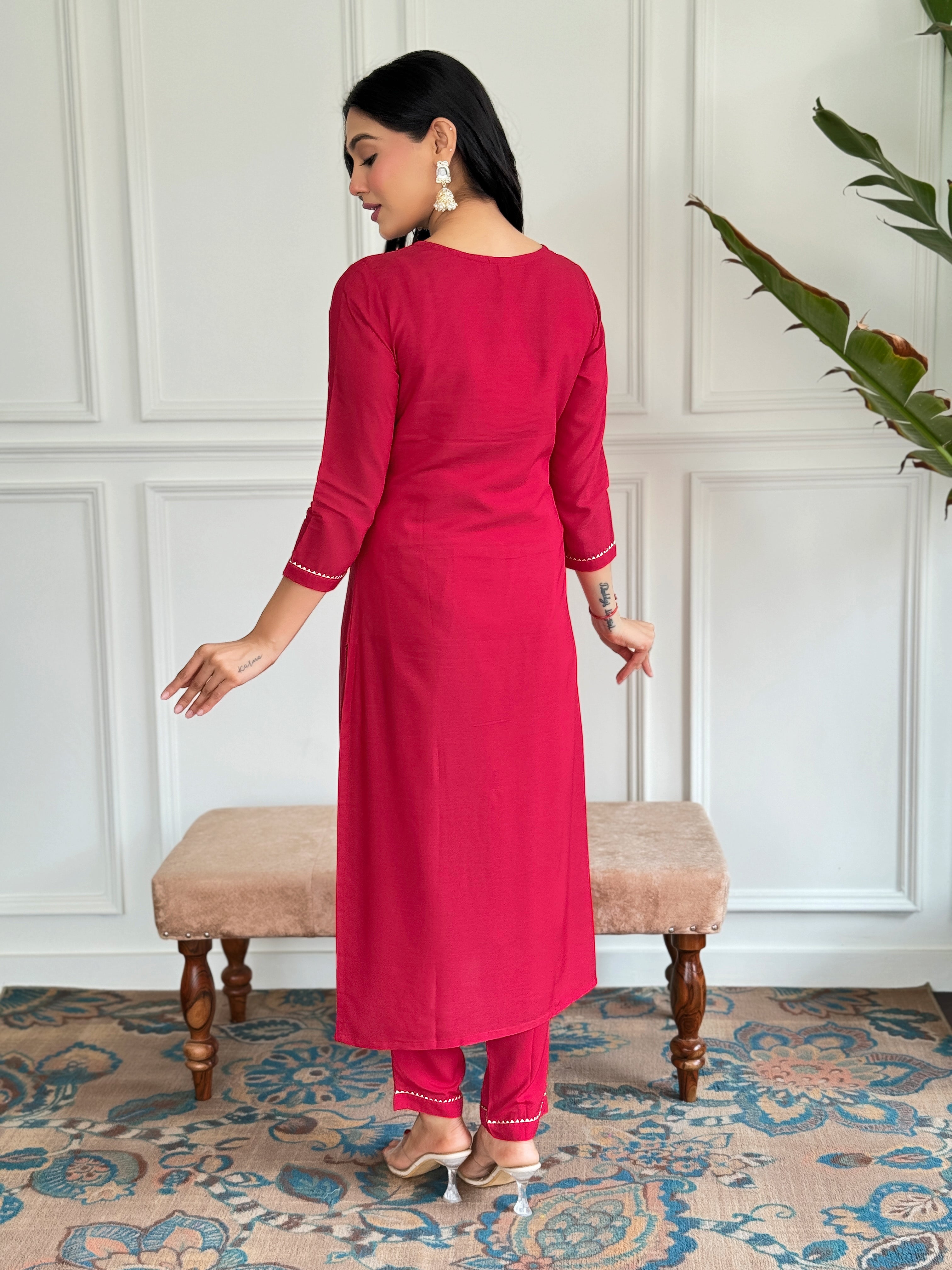 Women's Red Embroidered Rayon Kurti Pant & Silk Dupatta Set | D580