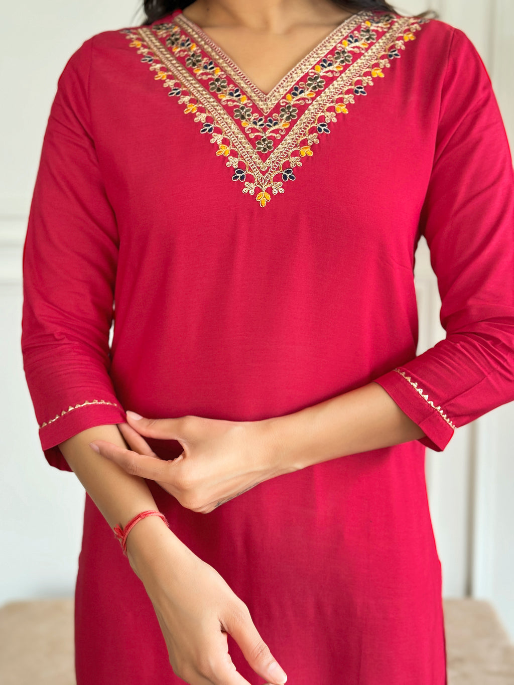 Women's Red Embroidered Rayon Kurti Pant & Silk Dupatta Set | D580