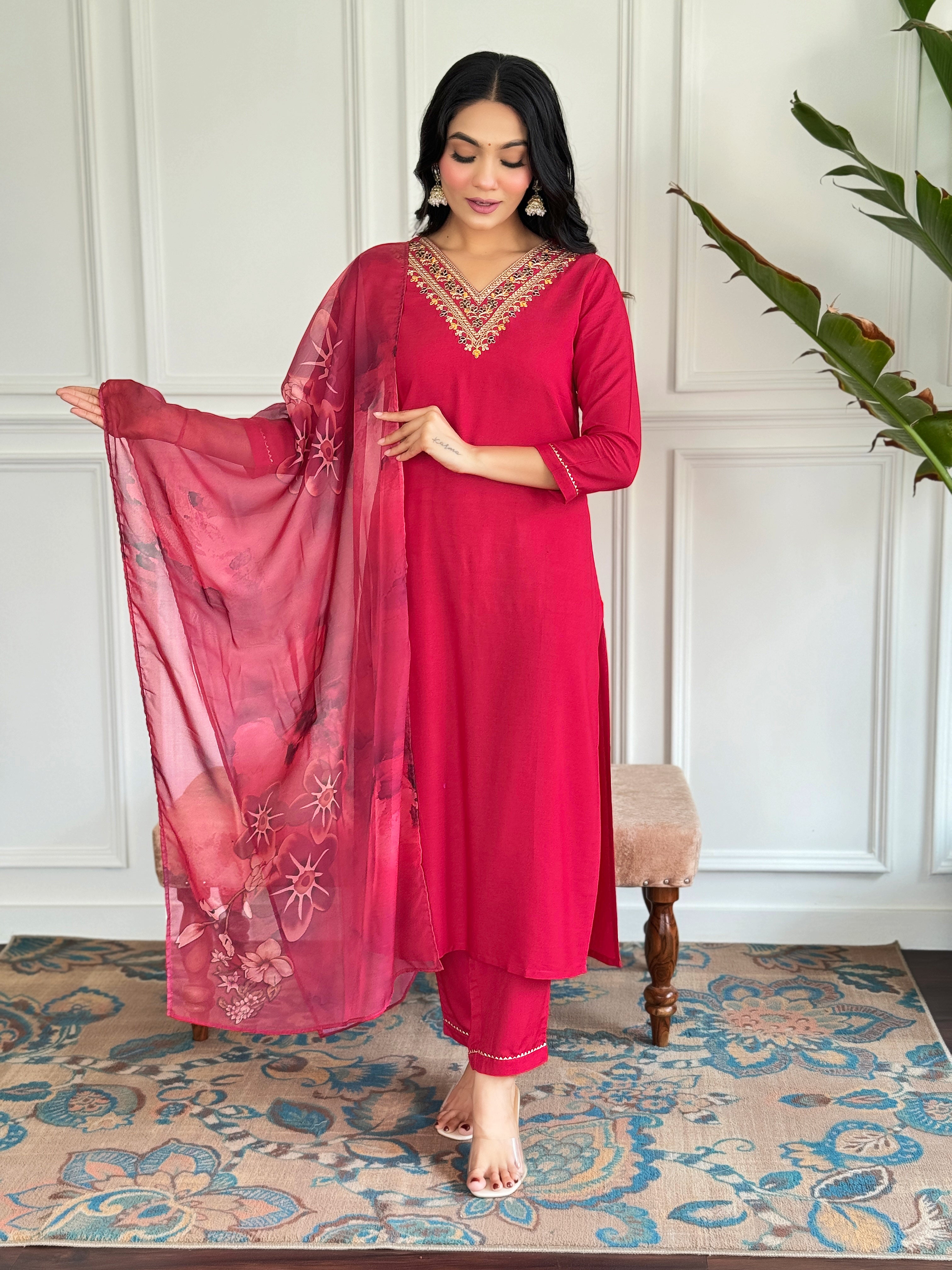 Women's Red Embroidered Rayon Kurti Pant & Silk Dupatta Set | D580