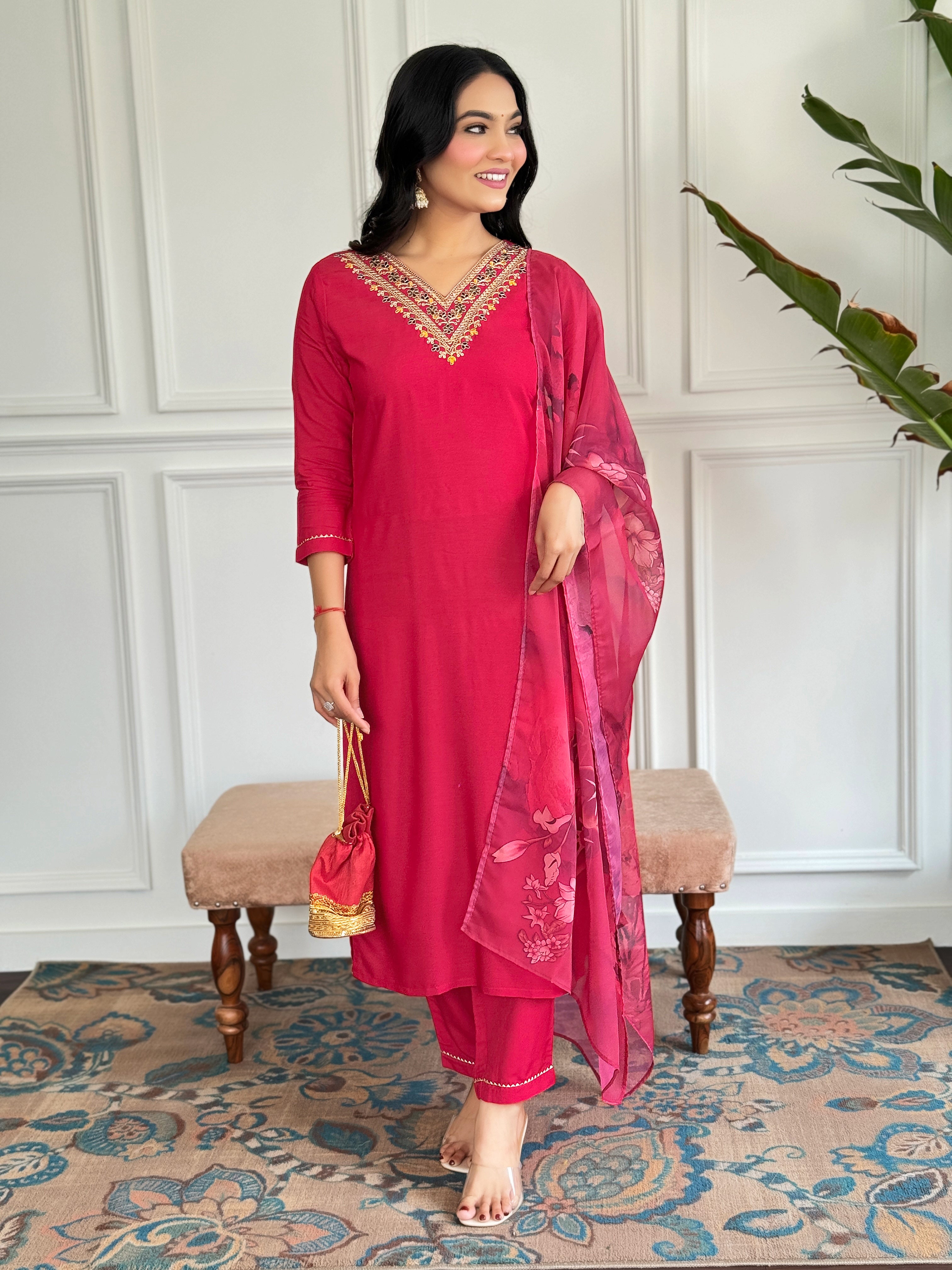 Women's Red Embroidered Rayon Kurti Pant & Silk Dupatta Set | D580