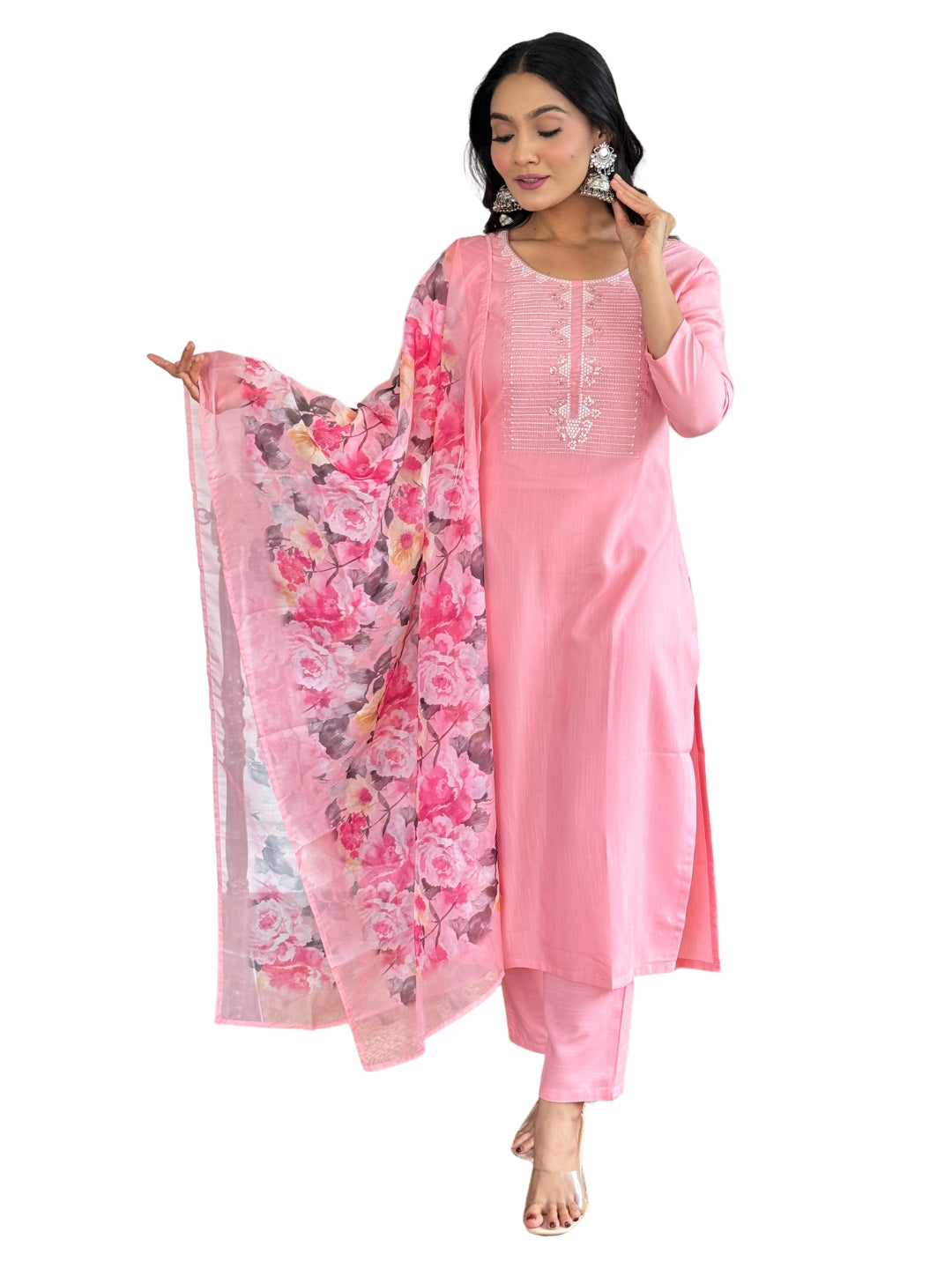 Women's Baby Pink Embroidered Rayon Kurta Set with Dupatta D595
