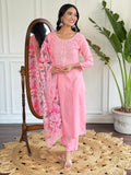 Women's Baby Pink Embroidered Rayon Kurta Set with Dupatta D595