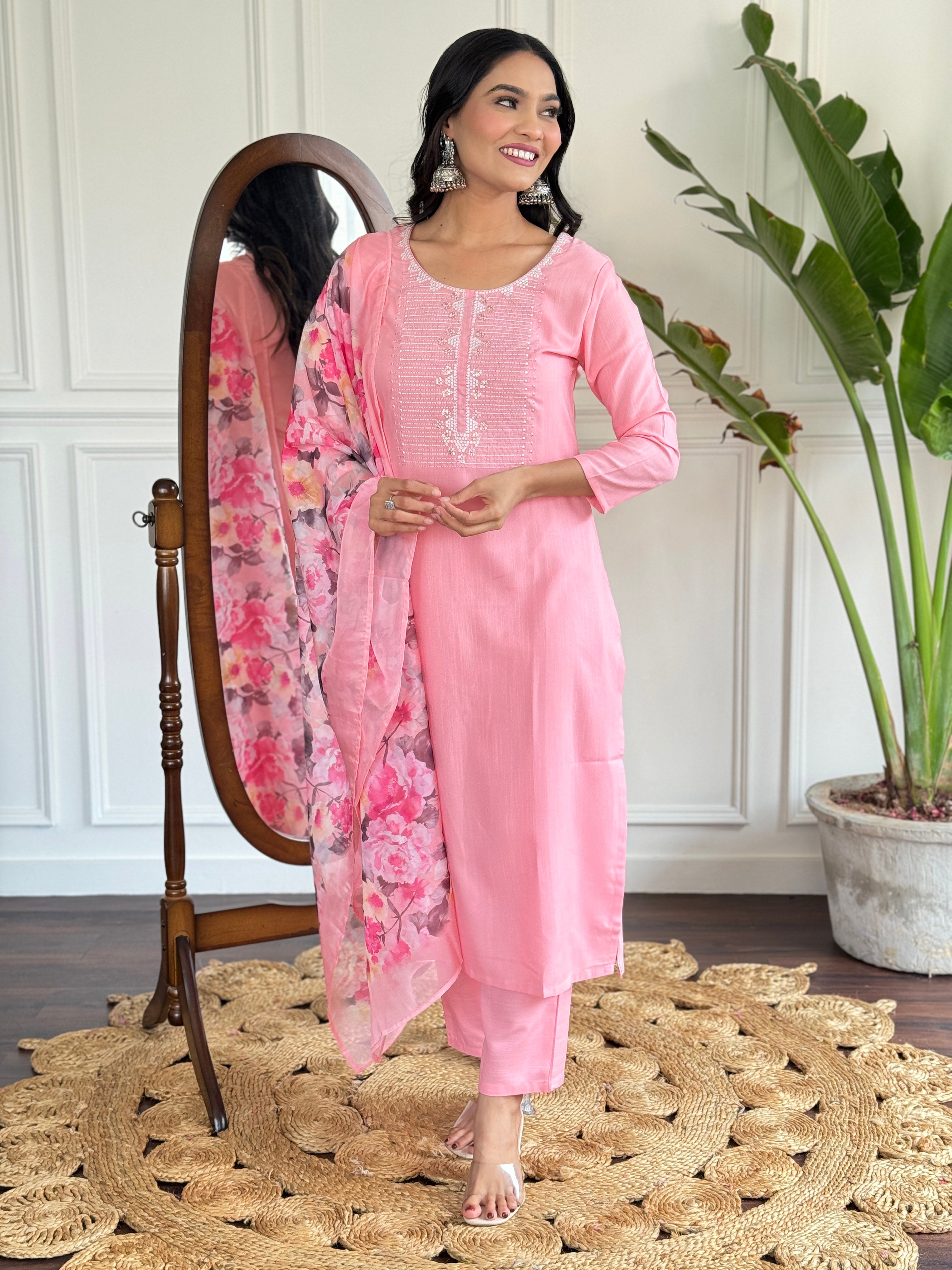 Women's Baby Pink Embroidered Rayon Kurta Set with Dupatta D595