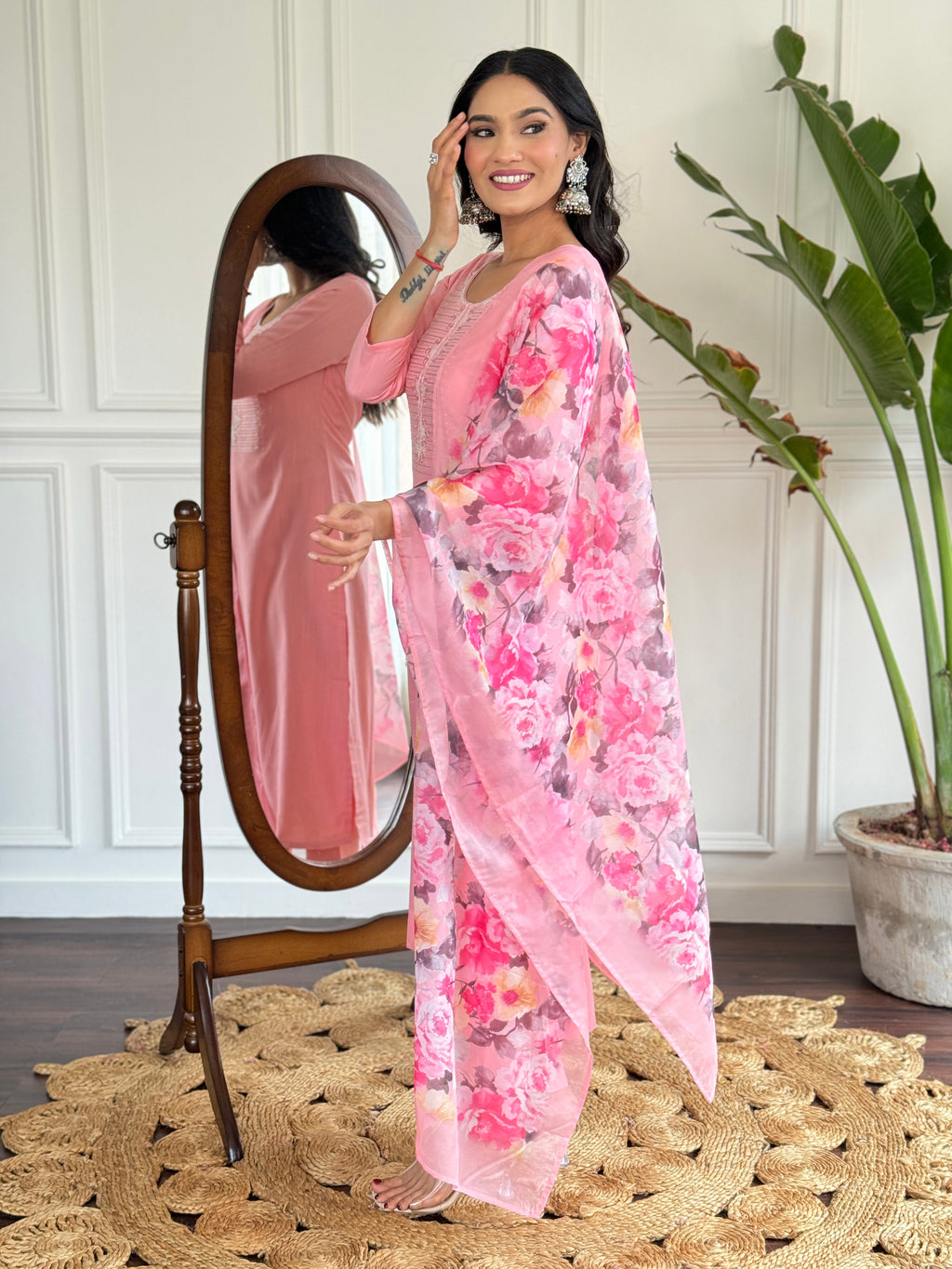 Women's Baby Pink Embroidered Rayon Kurta Set with Dupatta D595
