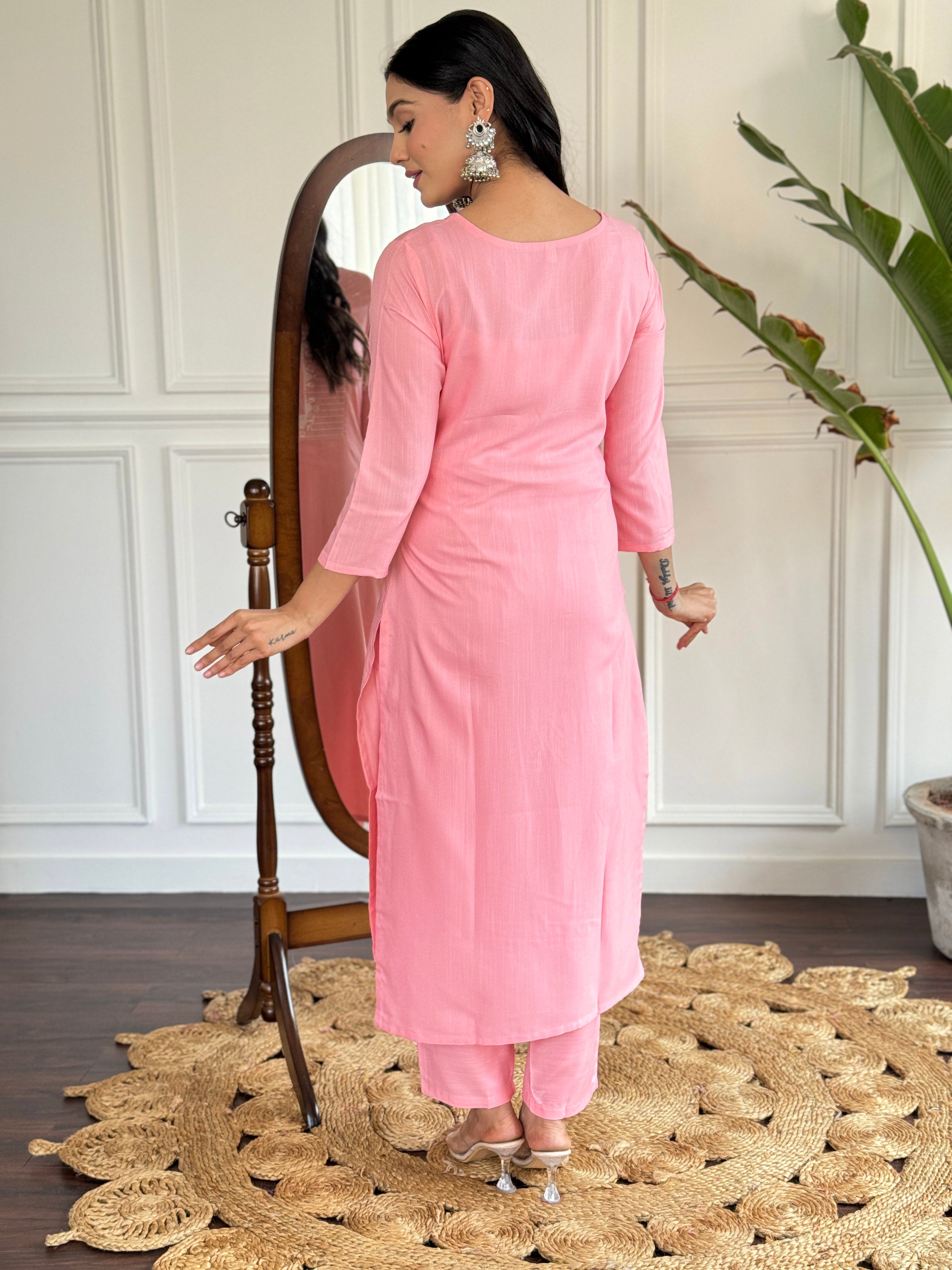 Women's Baby Pink Embroidered Rayon Kurta Set with Dupatta D595