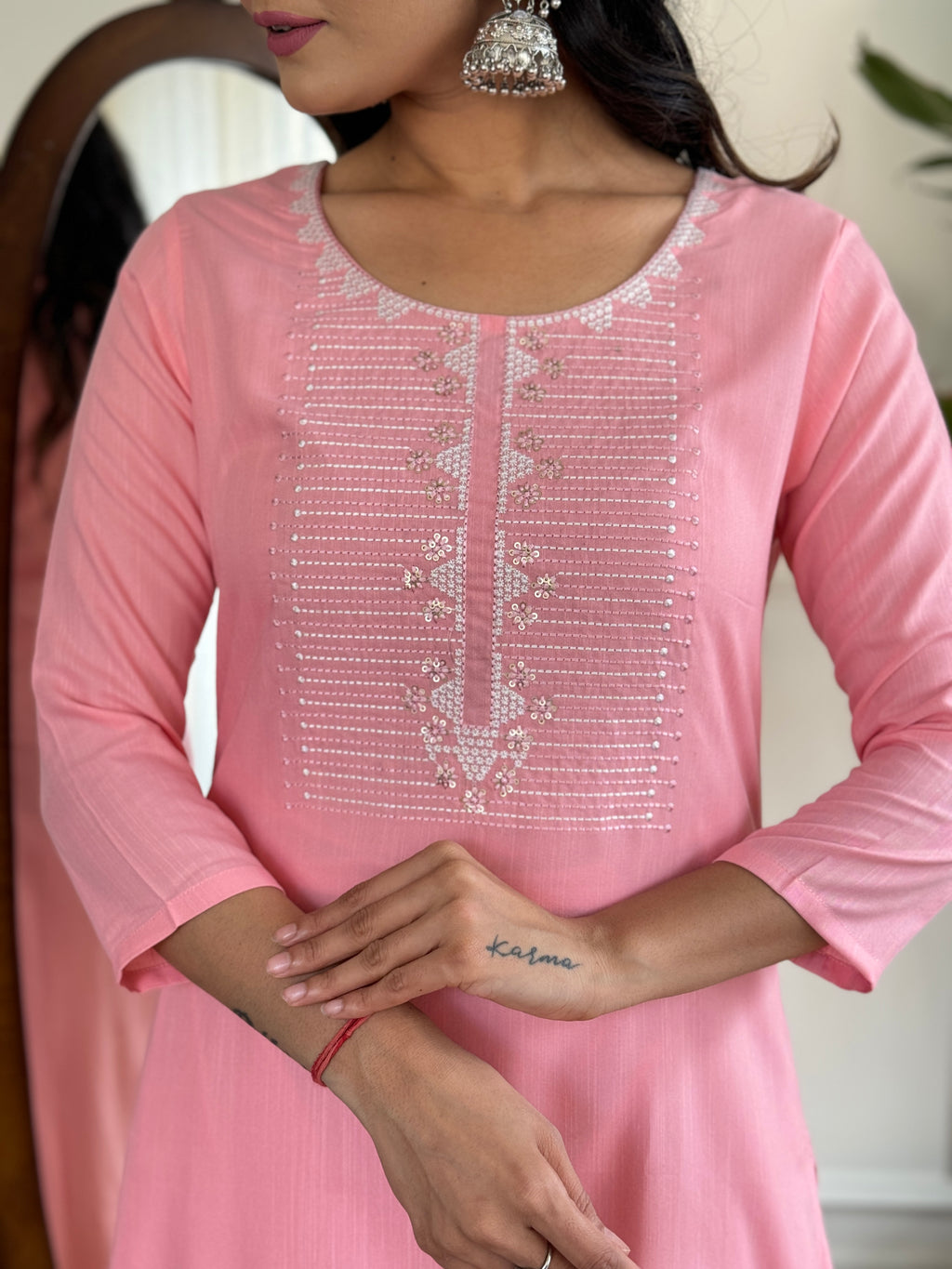 Women's Baby Pink Embroidered Rayon Kurta Set with Dupatta D595