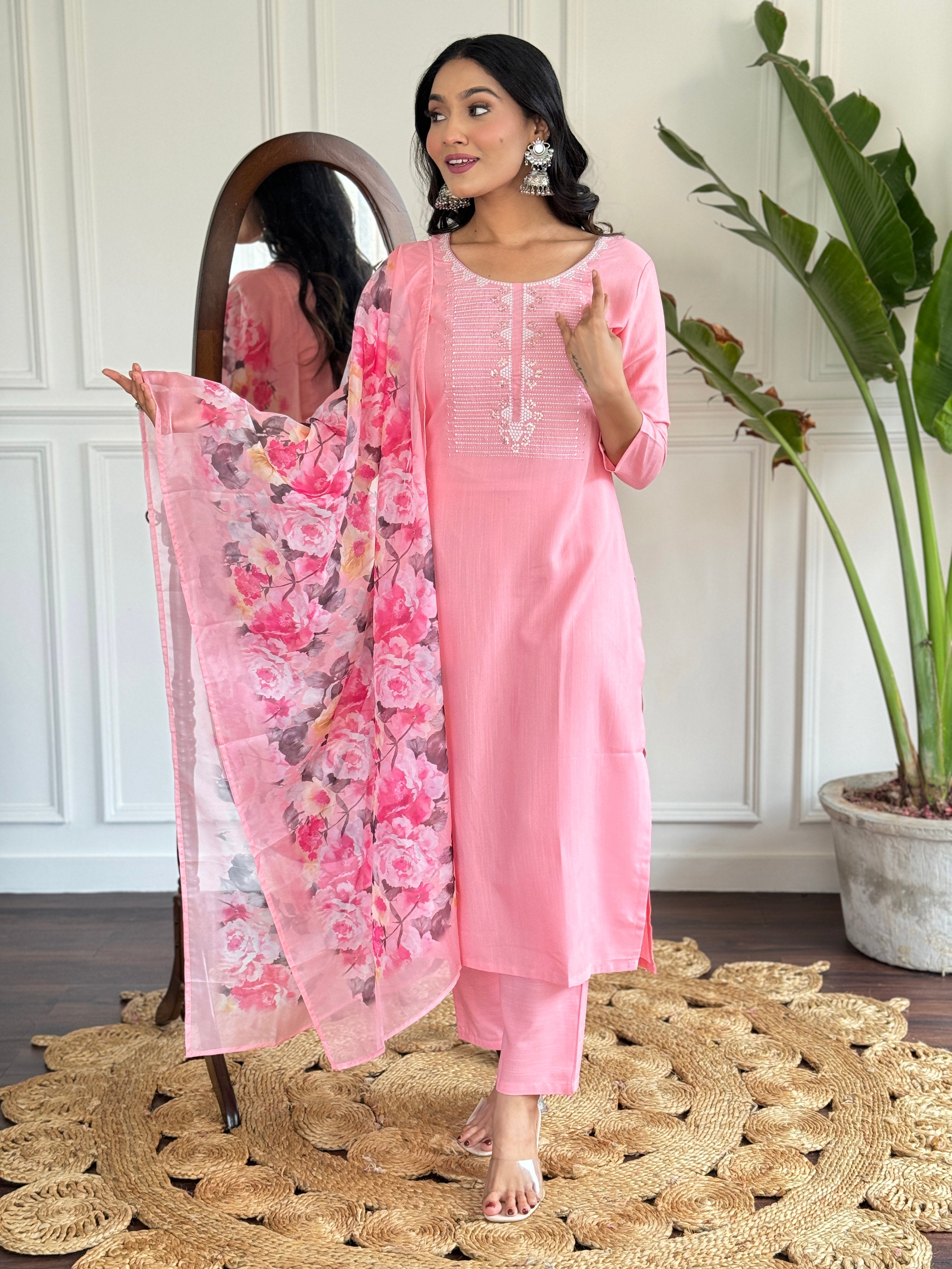 Women's Baby Pink Embroidered Rayon Kurta Set with Dupatta D595