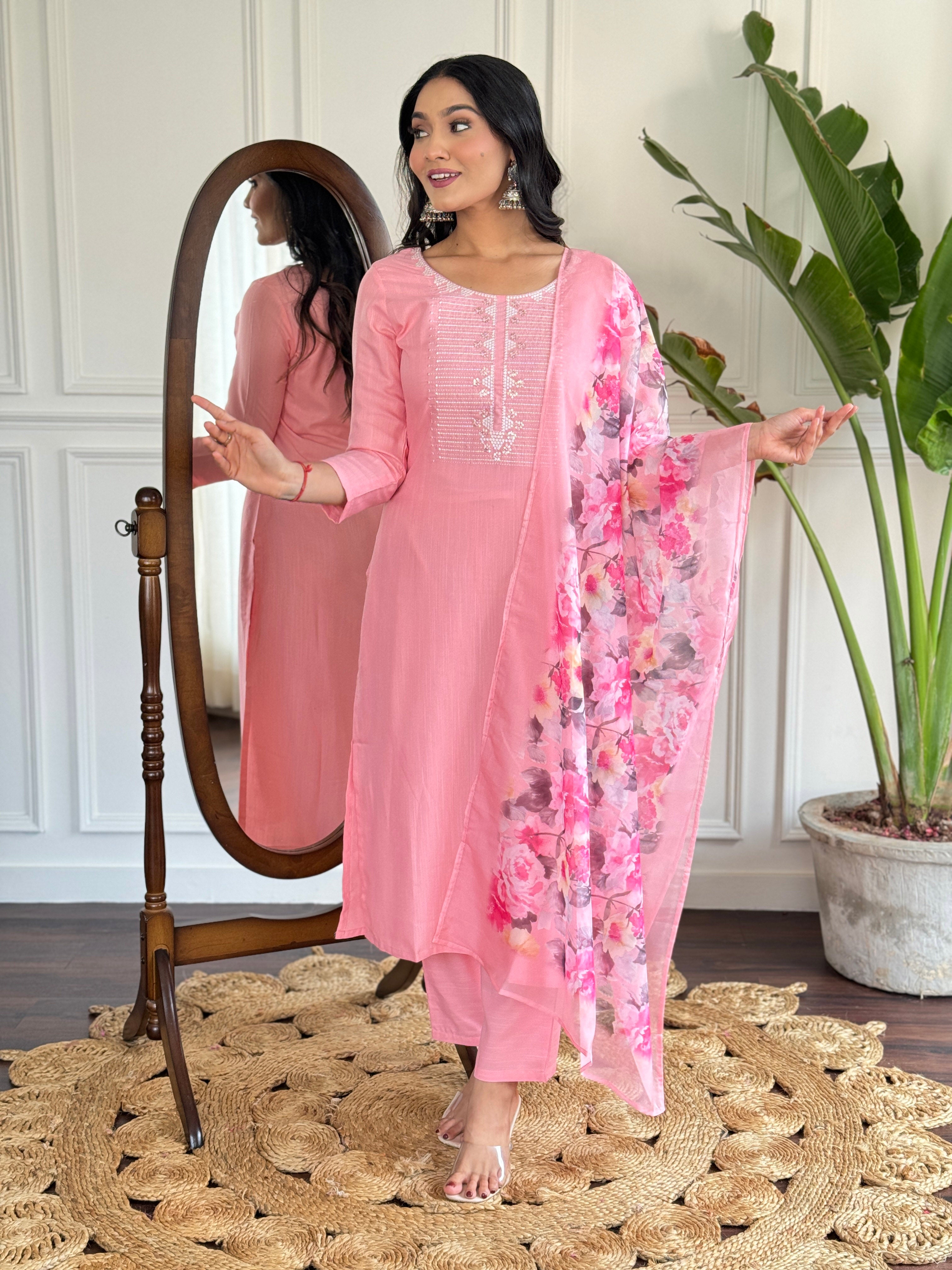 Women's Baby Pink Embroidered Rayon Kurta Set with Dupatta D595