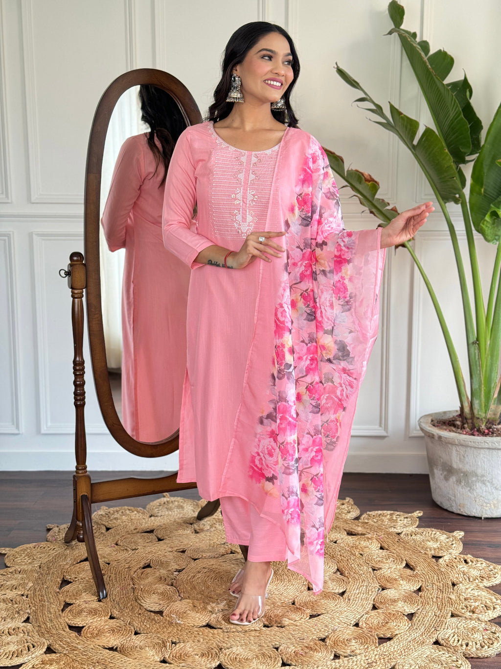 Women's Baby Pink Embroidered Rayon Kurta Set with Dupatta D595