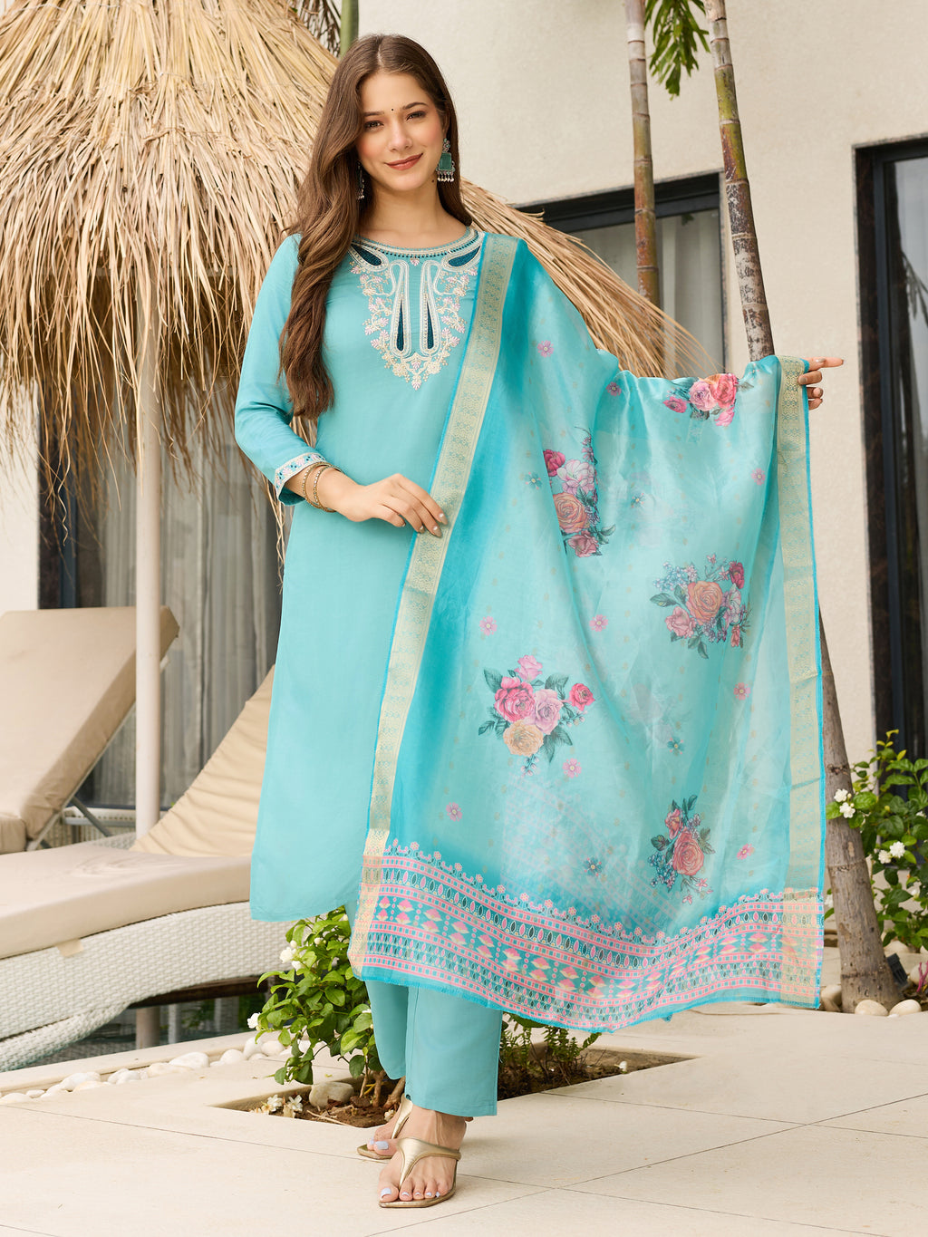 Women's Embroidered Viscose Kurti Pant & Organza Dupatta Set | D678