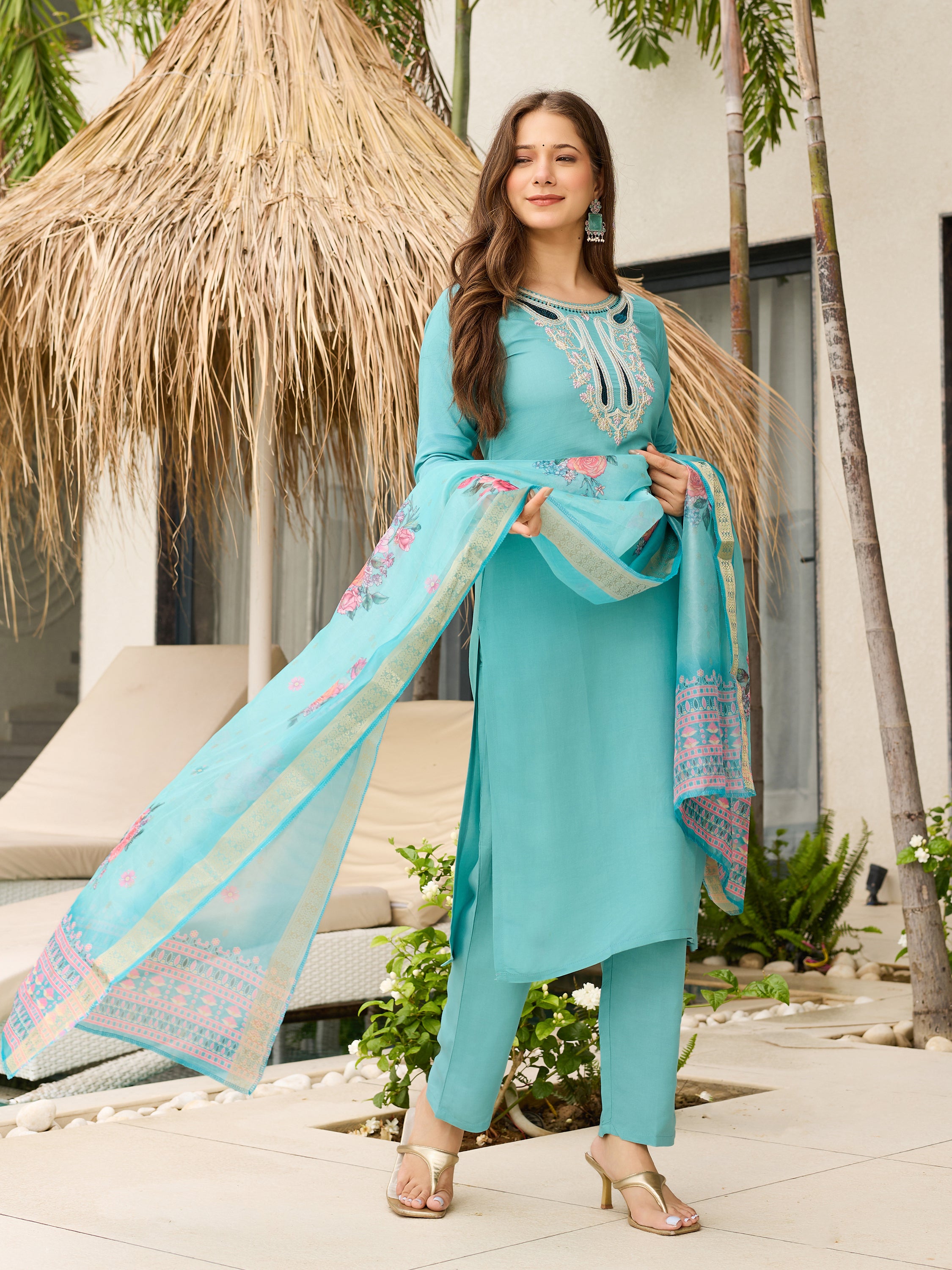 Women's Embroidered Viscose Kurti Pant & Organza Dupatta Set | D678