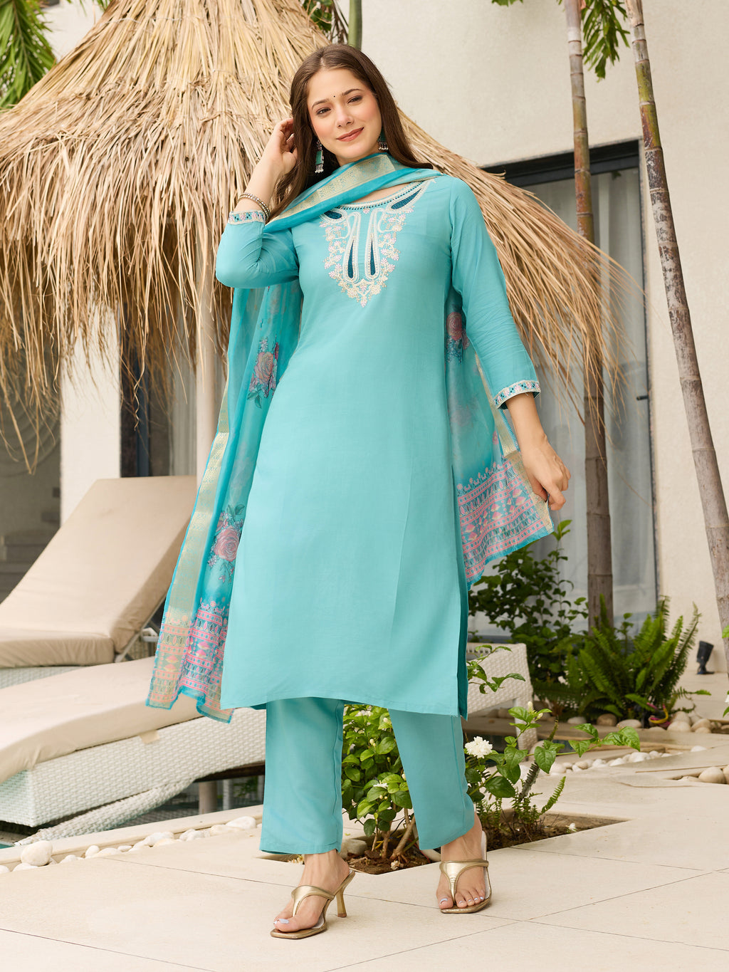 Women's Embroidered Viscose Kurti Pant & Organza Dupatta Set | D678