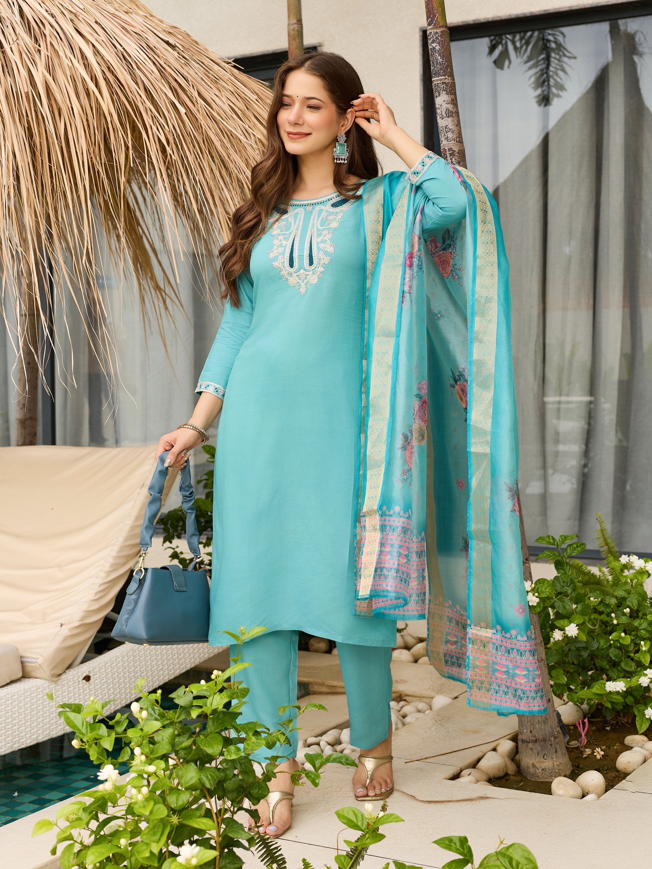 Women's Embroidered Viscose Kurti Pant & Organza Dupatta Set | D678