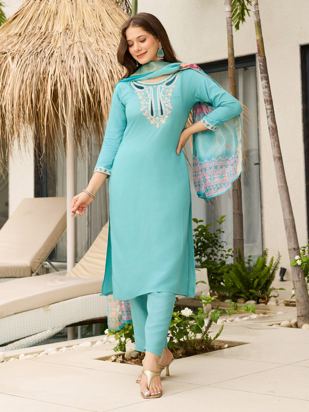 Women's Embroidered Viscose Kurti Pant & Organza Dupatta Set | D678
