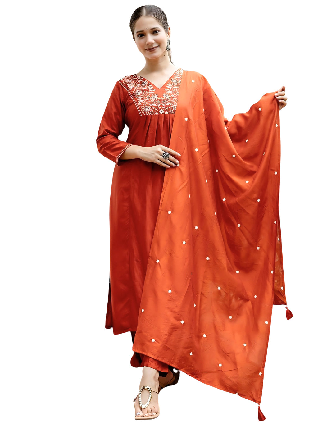 Women's Embroidered Kurti Pant Dupatta Set | Rayon | Design D748
