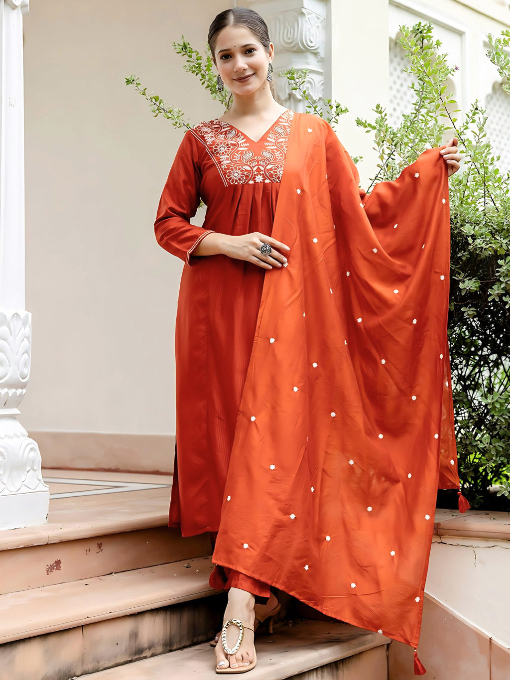 Women's Embroidered Kurti Pant Dupatta Set | Rayon | Design D748