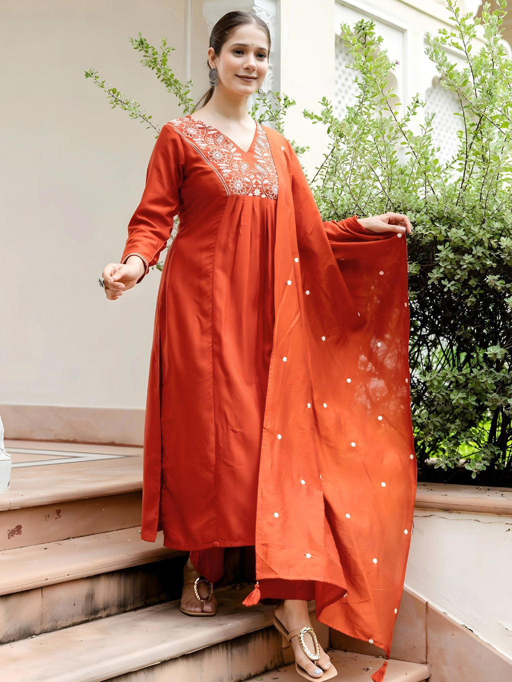 Women's Embroidered Kurti Pant Dupatta Set | Rayon | Design D748