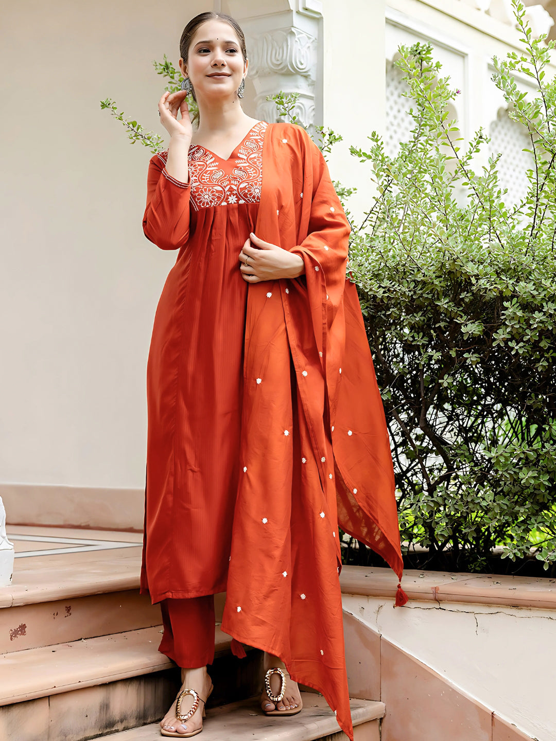 Women's Embroidered Kurti Pant Dupatta Set | Rayon | Design D748