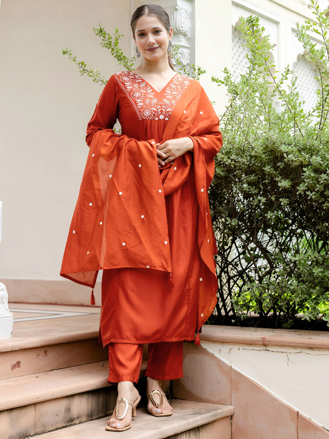 Women's Embroidered Kurti Pant Dupatta Set | Rayon | Design D748