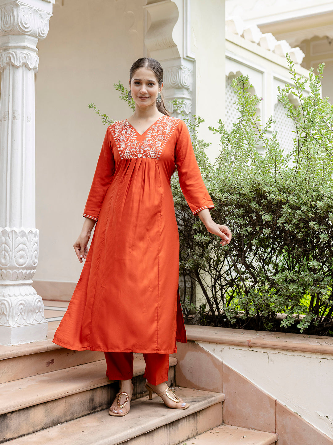 Women's Embroidered Kurti Pant Dupatta Set | Rayon | Design D748