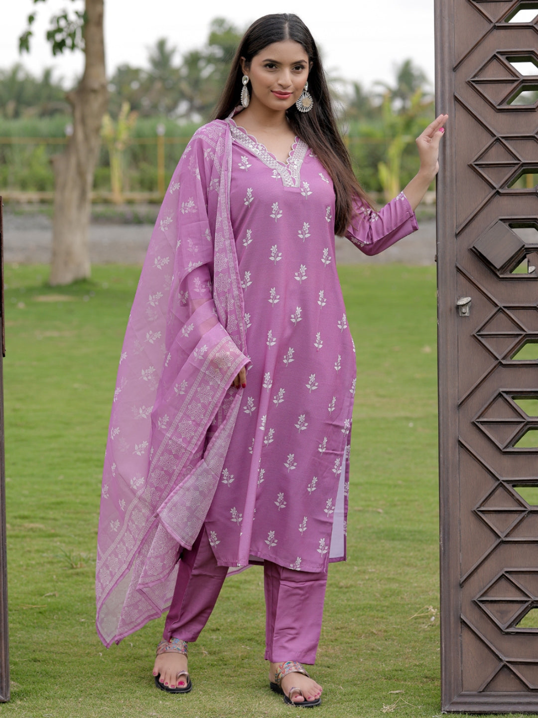 Women's Embroidered Rayon Kurti with Pant & Taby Dupatta Set | D780 ONION
