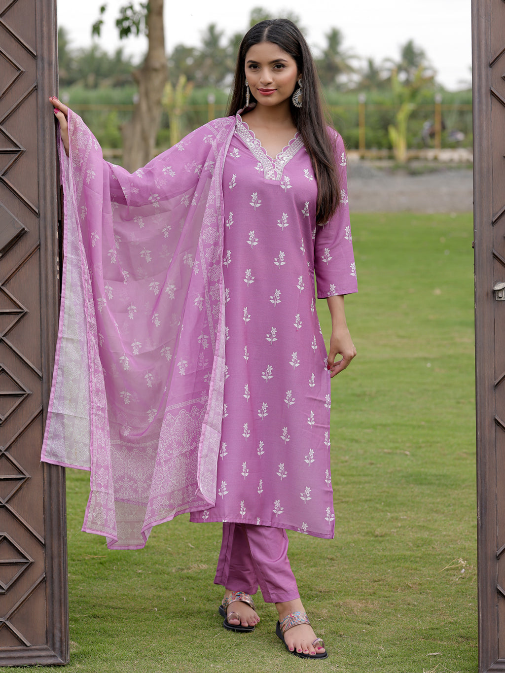 Women's Embroidered Rayon Kurti with Pant & Taby Dupatta Set | D780 ONION