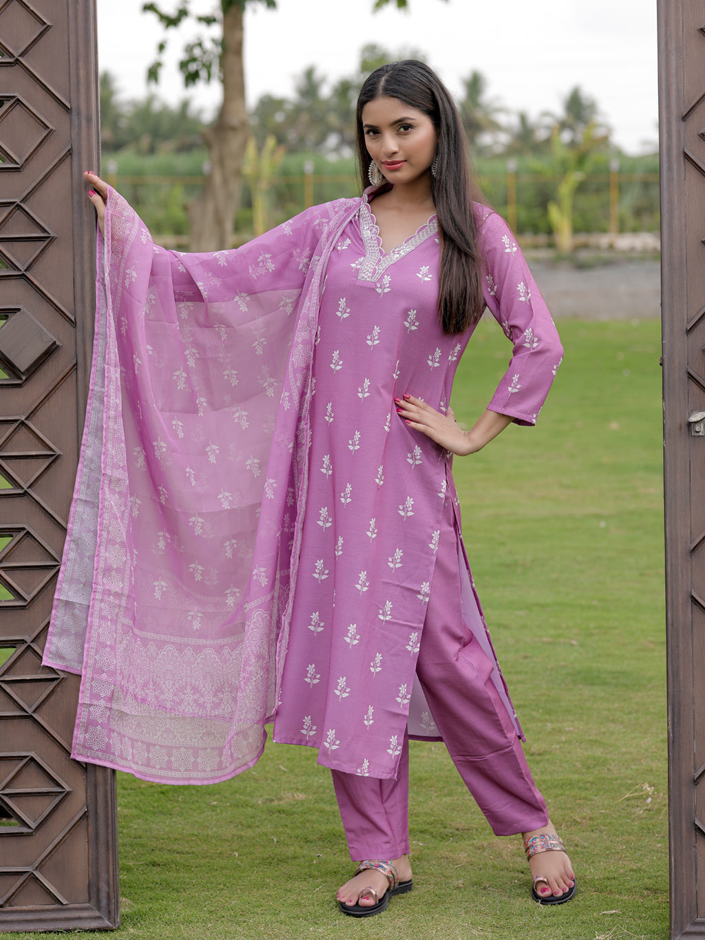 Women's Embroidered Rayon Kurti with Pant & Taby Dupatta Set | D780 ONION