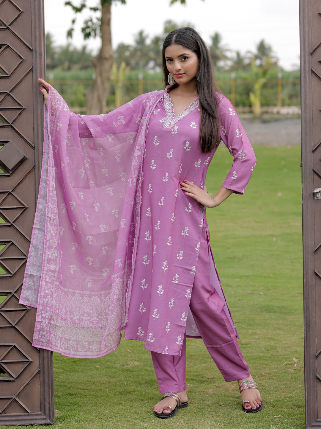 Women's Embroidered Rayon Kurti with Pant & Taby Dupatta Set | D780 ONION