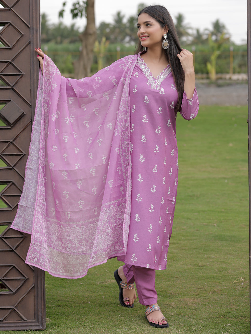 Women's Embroidered Rayon Kurti with Pant & Taby Dupatta Set | D780 ONION