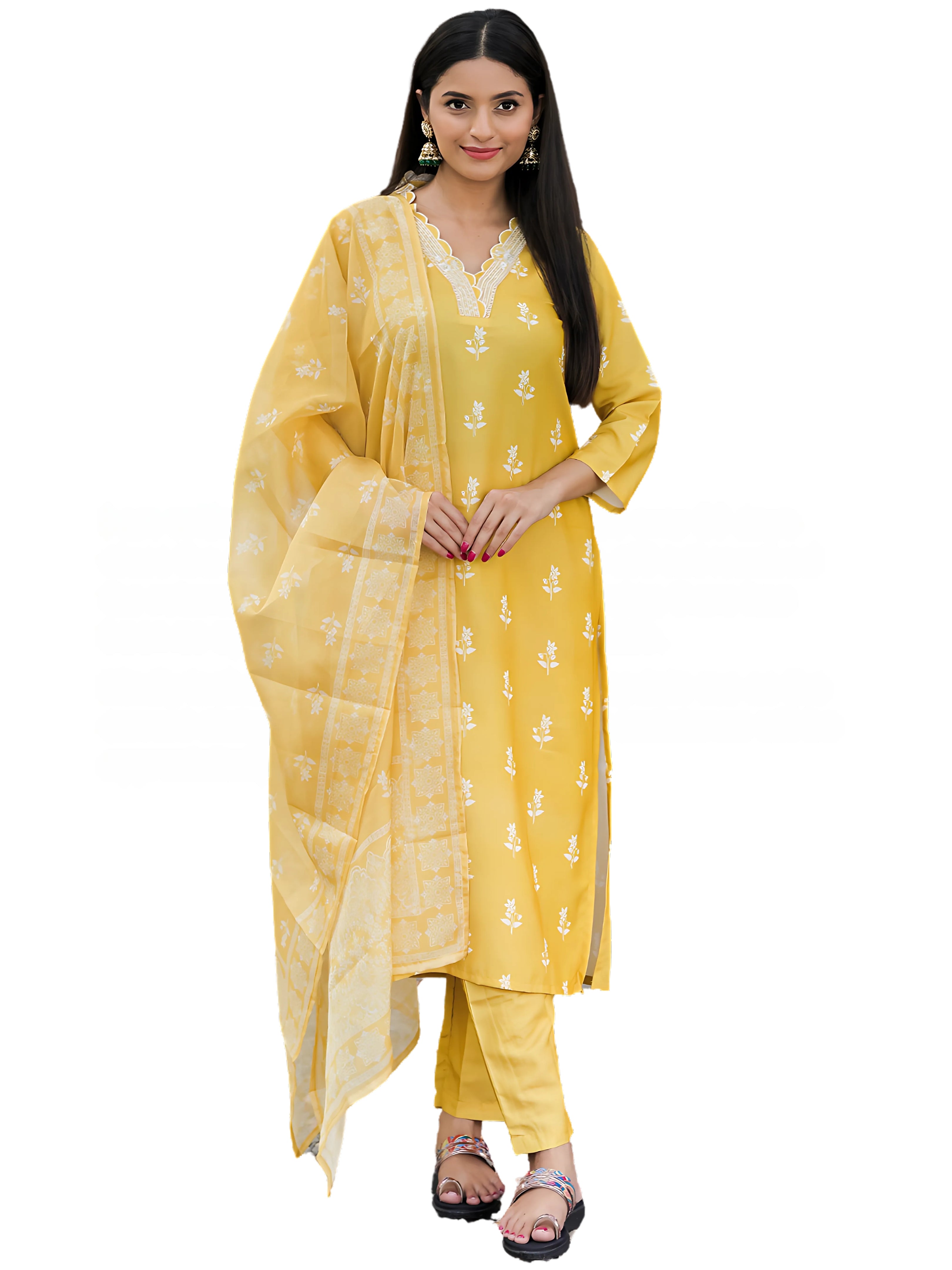 Women's Embroidered Rayon Kurti with Pant & Taby Dupatta Set | D780 YELLOW
