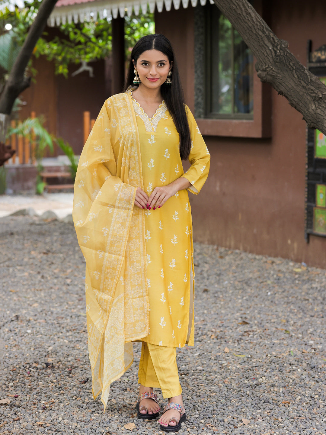 Women's Embroidered Rayon Kurti with Pant & Taby Dupatta Set | D780 YELLOW