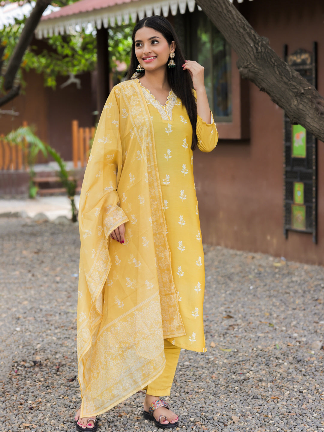Women's Embroidered Rayon Kurti with Pant & Taby Dupatta Set | D780 YELLOW
