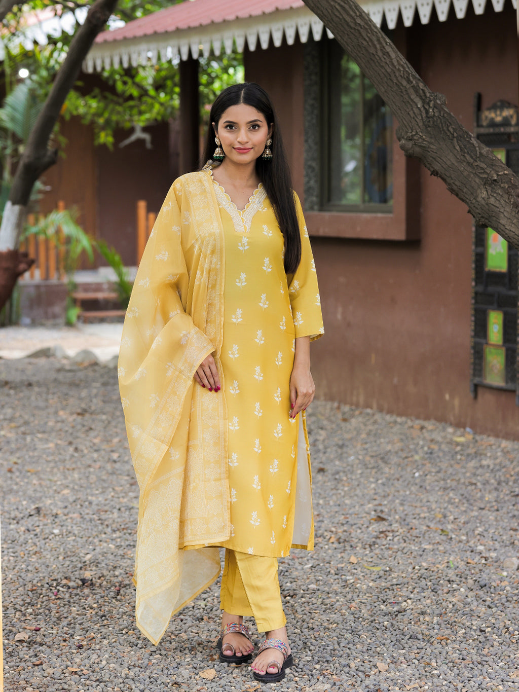 Women's Embroidered Rayon Kurti with Pant & Taby Dupatta Set | D780 YELLOW