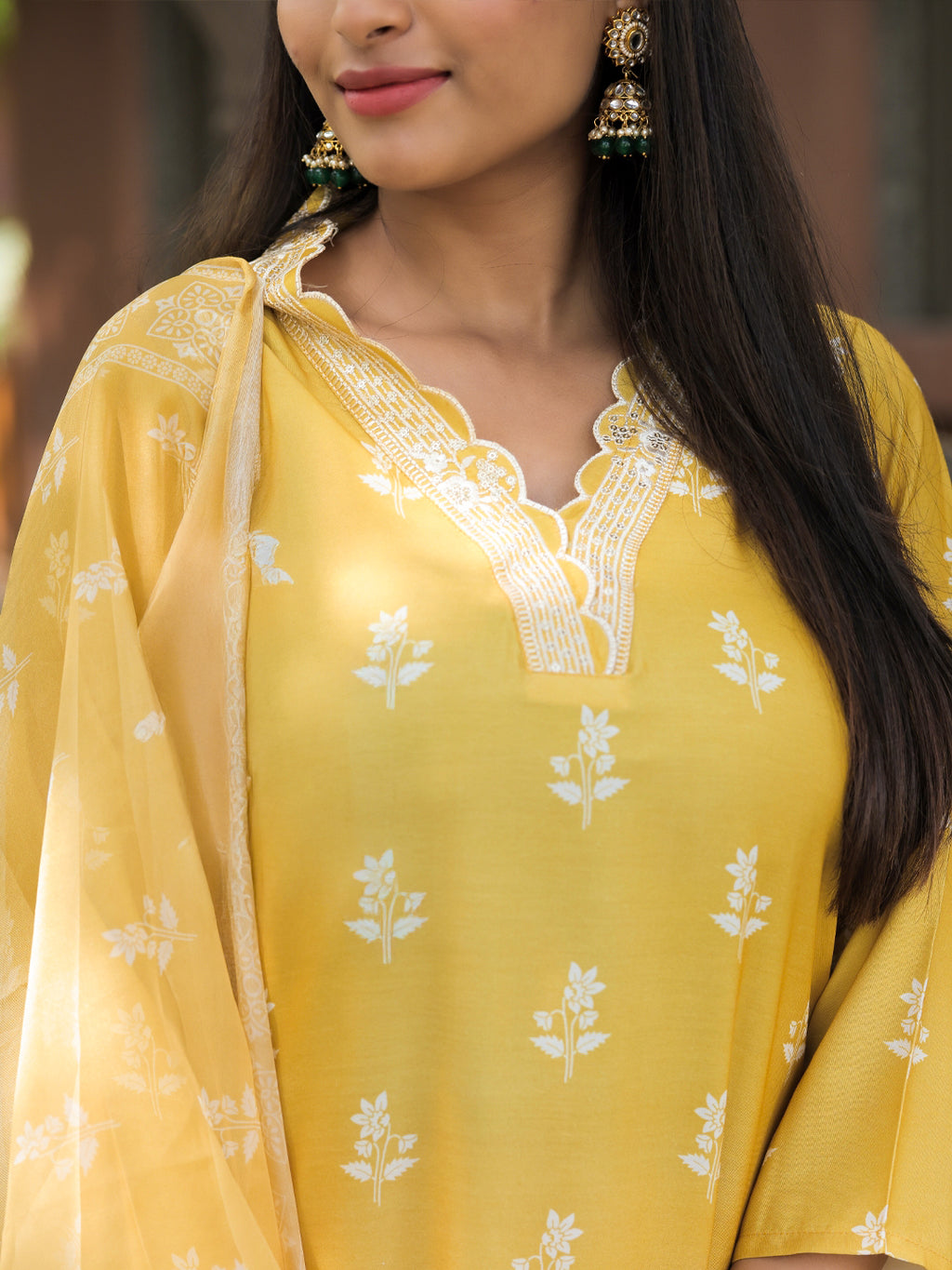 Women's Embroidered Rayon Kurti with Pant & Taby Dupatta Set | D780 YELLOW