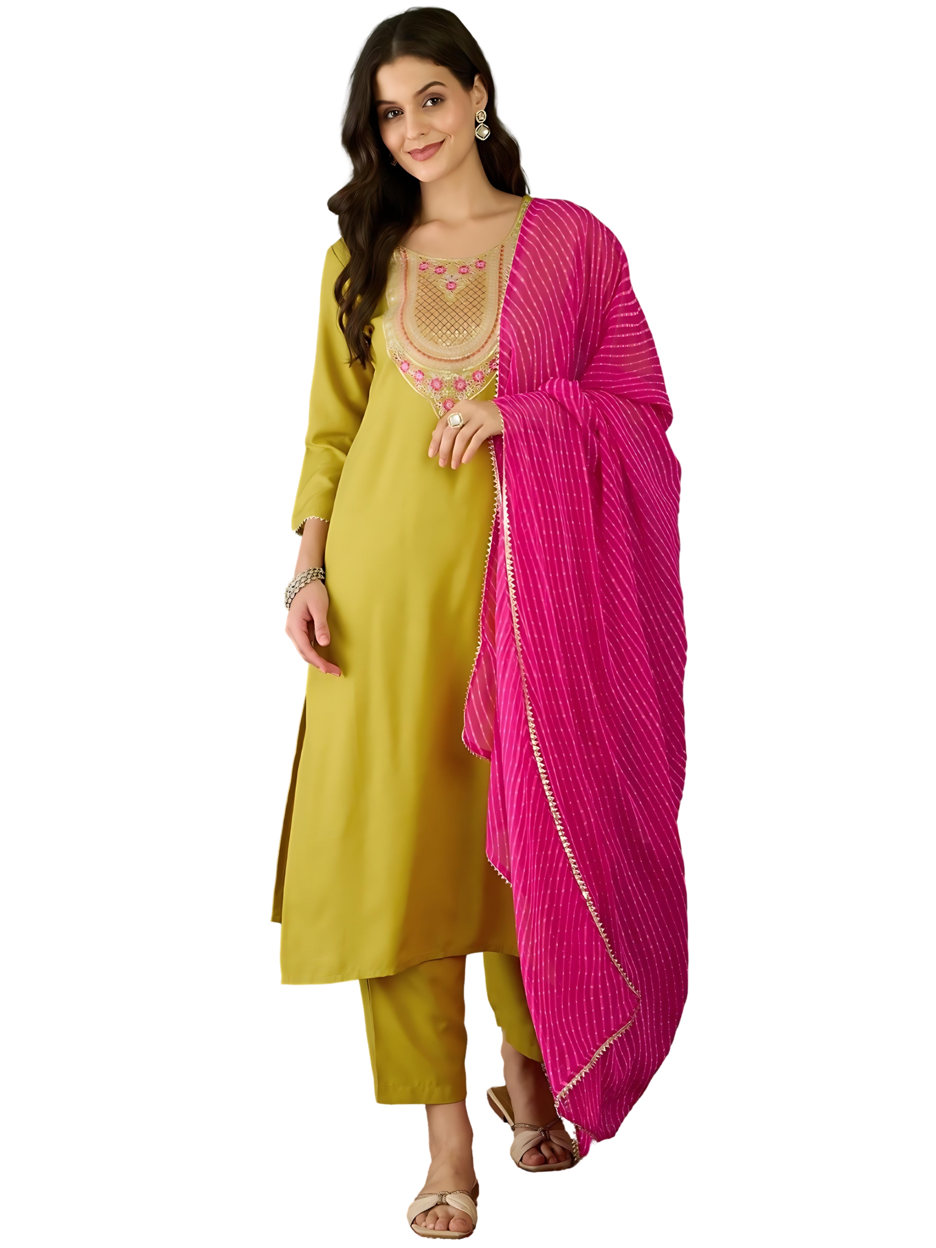 Women's Embroidered Rayon Kurta Set with Pant & Georgette Dupatta | Design D782