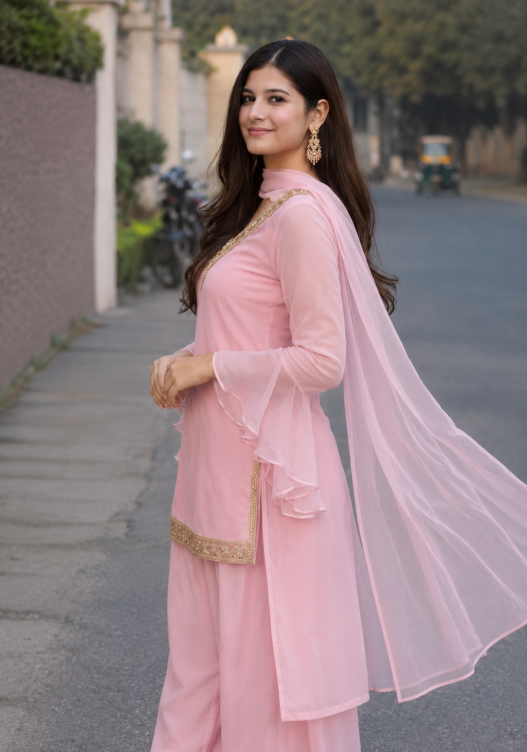 Women's Ethnic V neck Co-Ord Set with Palazzo and Dupatta