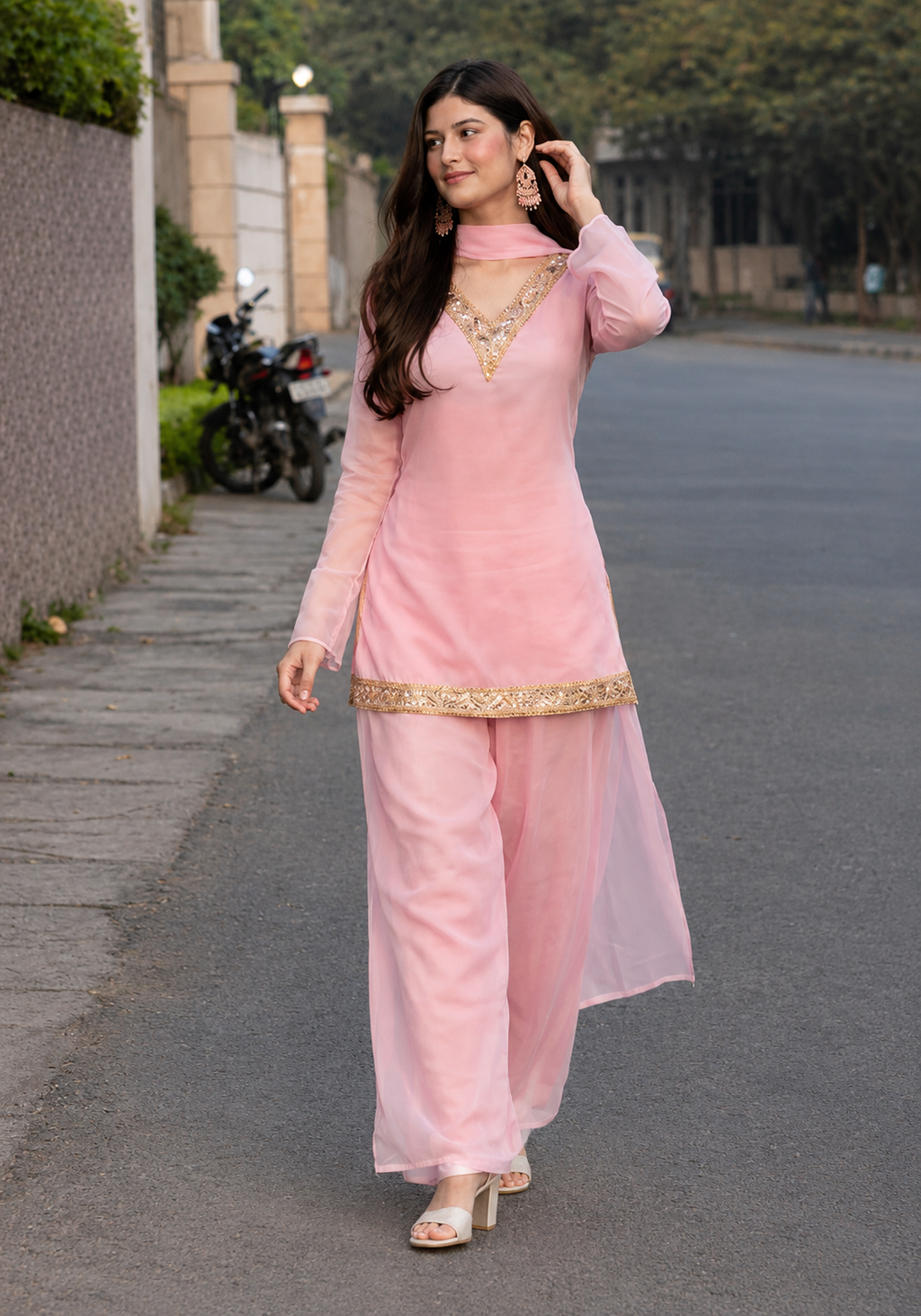 Women's Ethnic V neck Co-Ord Set with Palazzo and Dupatta