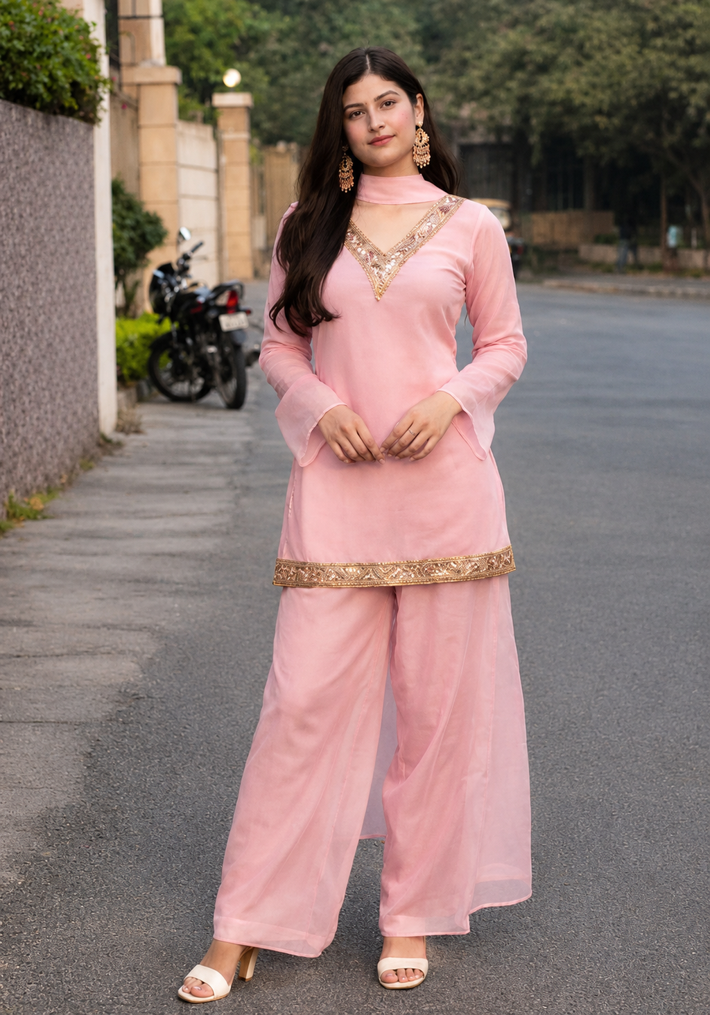 Women's Ethnic V neck Co-Ord Set with Palazzo and Dupatta