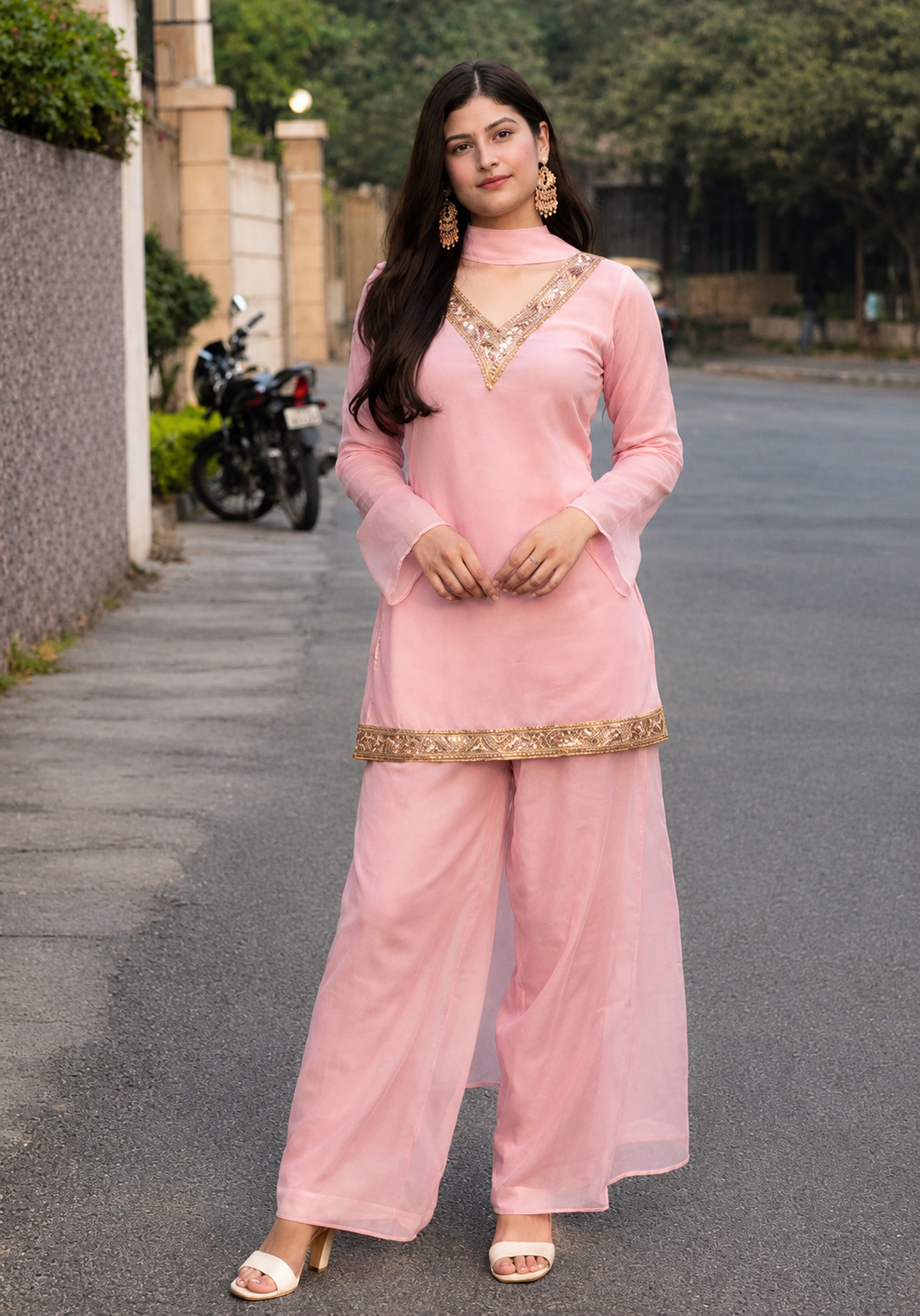 Women's Ethnic V neck Co-Ord Set with Palazzo and Dupatta