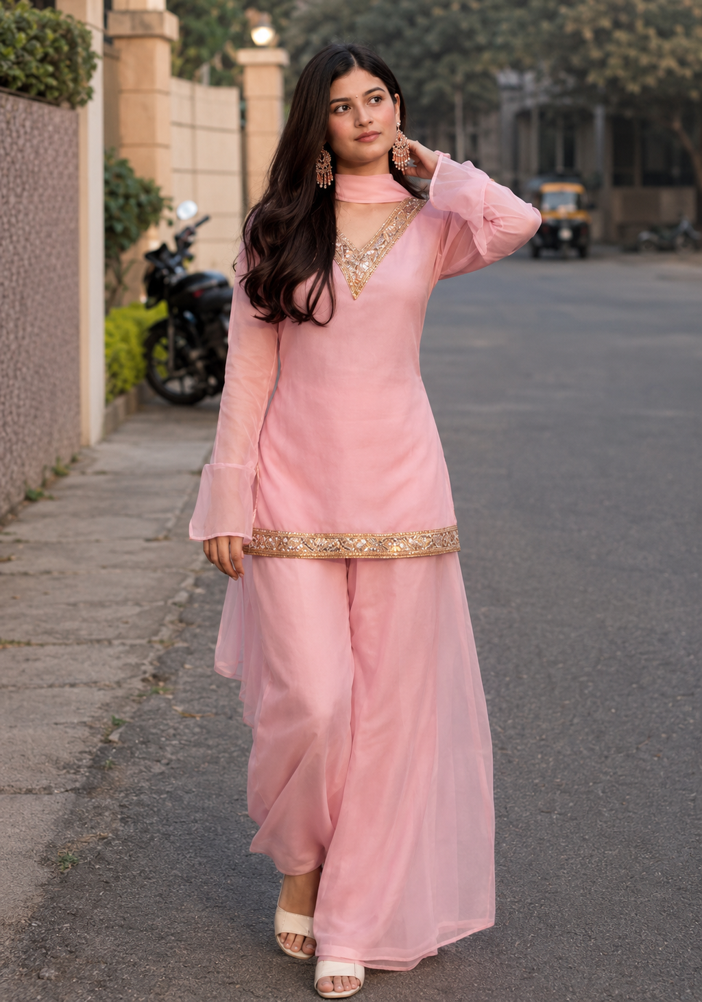 Women's Ethnic V neck Co-Ord Set with Palazzo and Dupatta
