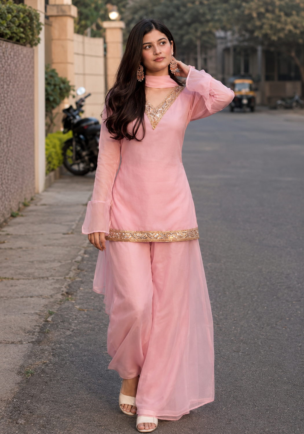 Women's Ethnic V neck Co-Ord Set with Palazzo and Dupatta