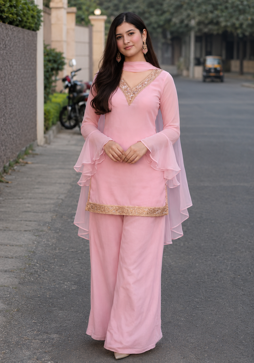 Women's Ethnic V neck Co-Ord Set with Palazzo and Dupatta