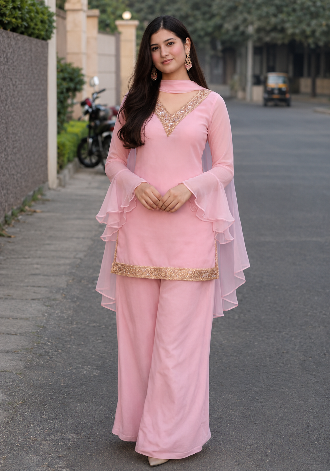 Women's Ethnic V neck Co-Ord Set with Palazzo and Dupatta