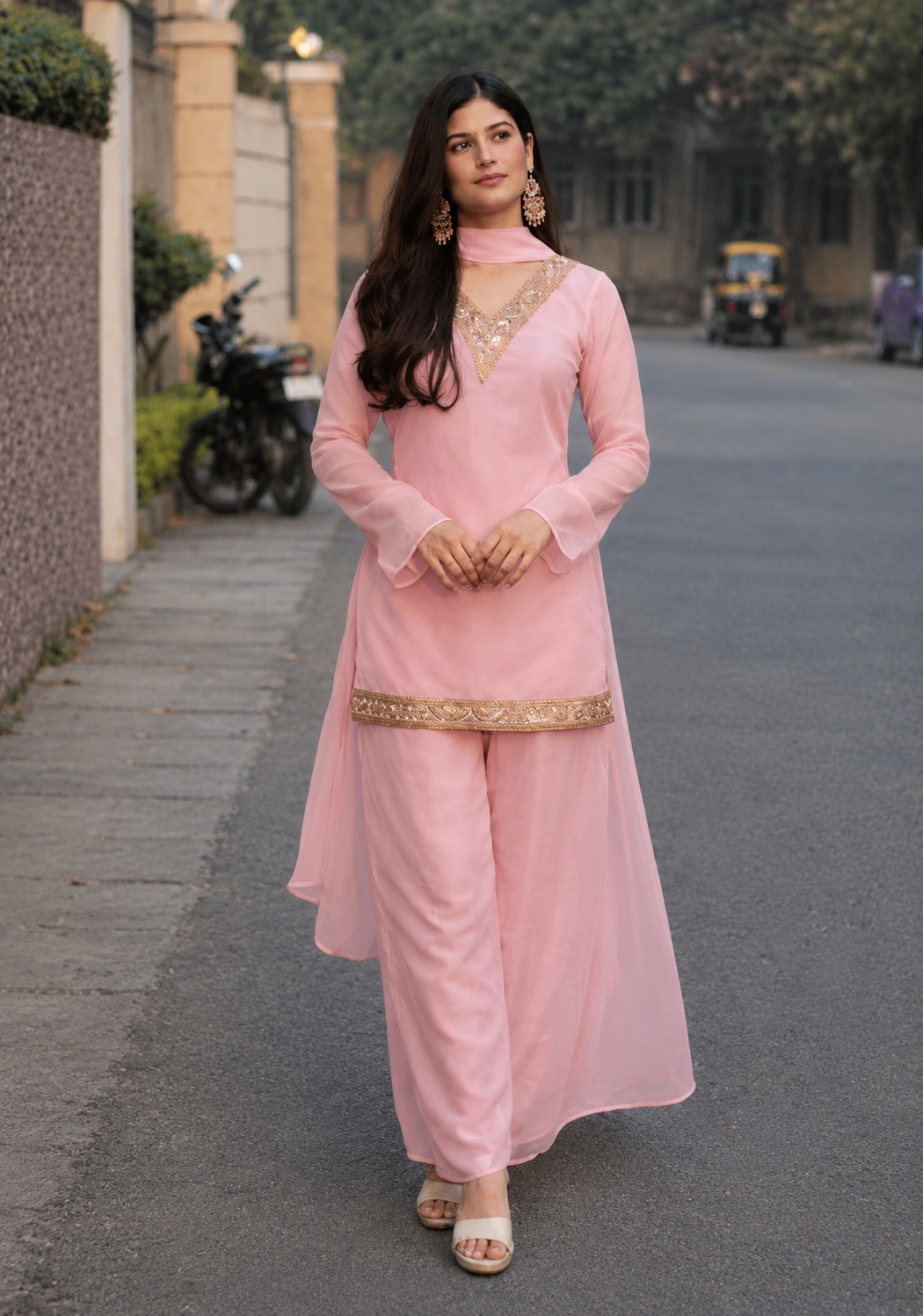 Women's Ethnic V neck Co-Ord Set with Palazzo and Dupatta