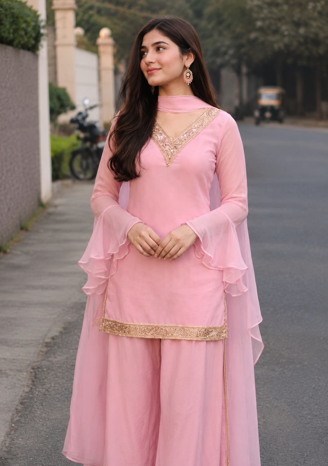 Women's Ethnic V neck Co-Ord Set with Palazzo and Dupatta